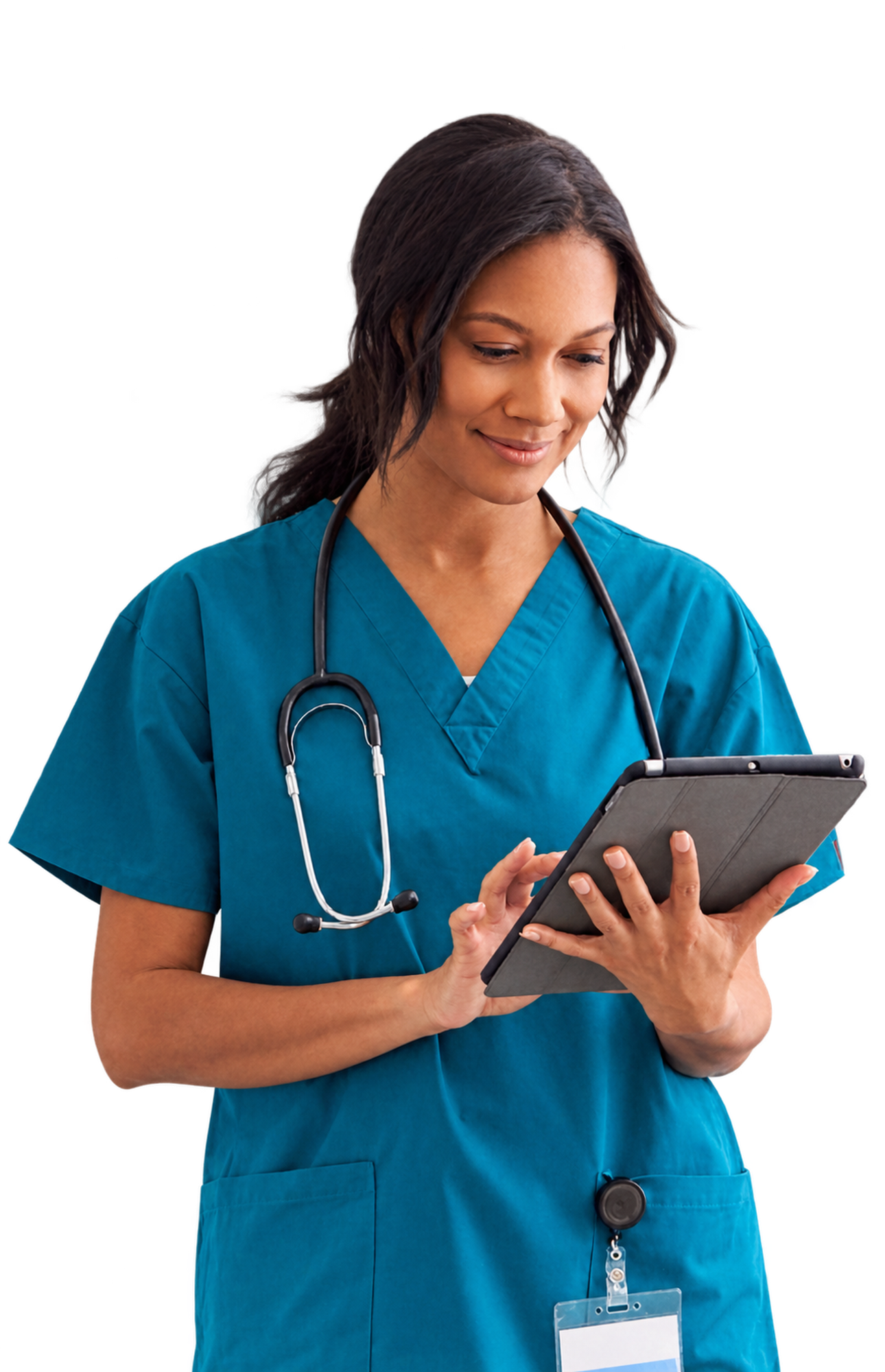 Friendly doctor in a white coat with a stethoscope, holding a clipboard
